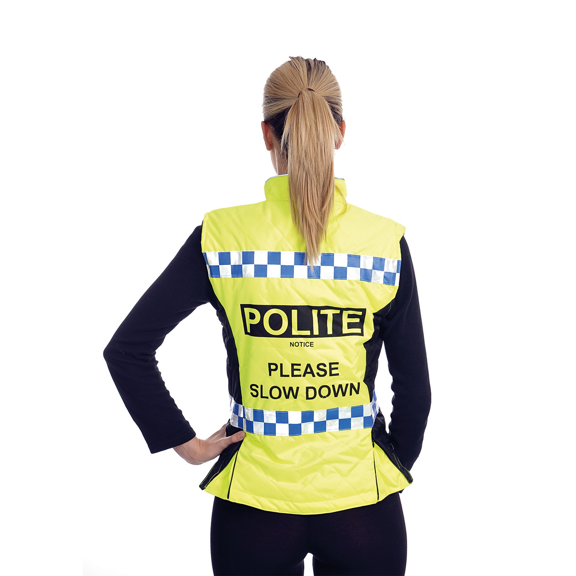Equisafety Polite Quilted Hi-Vis Flourescent Gilet Please Slow Down Yellow S-XL 