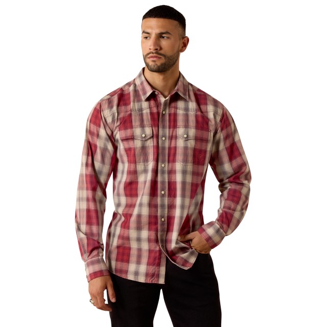 Ariat Mens Retro Hawthorne Fitted Snap Fit Shirt (Brick Red Plaid)