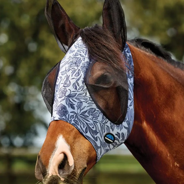 Weatherbeeta ComFiTec Deluxe Stretch Fly Mask With Ears (White/Navy Floral Print)