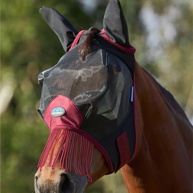 Weatherbeeta ComFiTec Fine Mesh Fly Mask With Ears & Tassels (Black/Burgundy)